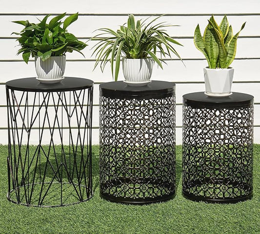 HFHOME Set of 3 Heavy-Duty Round End Table, Side Table, Coffee Table for Indoor Multifunctional Use, Outdoor Decorative Garden Stool Plant Stand-Bronze