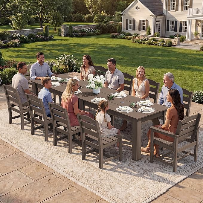 SERWALL Outdoor Dining Sets for 10, HDPE Dining Sets for 10 Person with 2 Rectangular Tables and 8 Armless Chairs and 2 Armchairs, Patio Dining Sets for Garden, Backyard, Poolside, Coffee