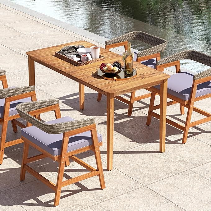 Tangkula 5 Piece Patio Dining Set for 4, Outdoor Solid Wood Rectangle Table Set with Cushioned Armrest Chairs,for Deck, Poolside, Outside and Lawn