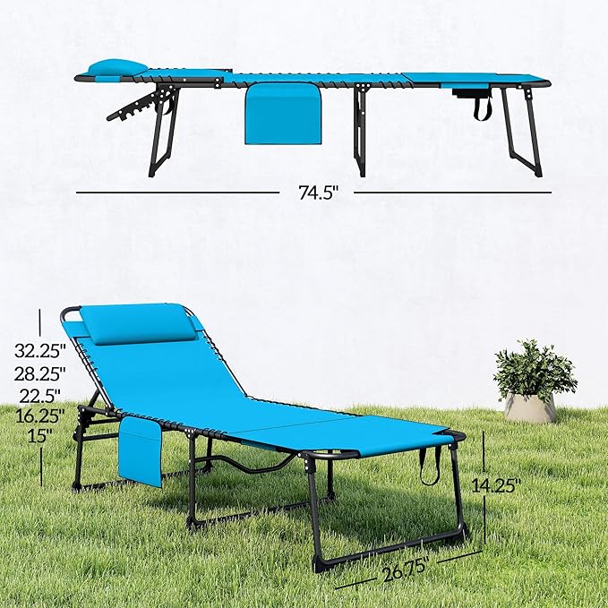 Outsunny Folding Chaise Lounge with 5-Level Reclining Back, Tanning Chair with Face Hole, Outdoor Lounge Chair with Side Pocket & Headrest for Beach, Yard, Patio, Blue