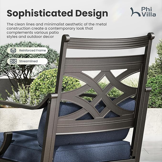 PHI VILLA 7 Pieces Outdoor Dining Set for 6, 54" Round Black Metal Table with Umbrella Hole & Wrought Iron Chairs, Large Outside Furniture with Blue Cushions & Pillows for Patio, Deck, Porch