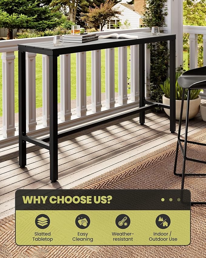 Crestlive Products Outdoor Bar Table and Chairs Set, 3 Piece Outside Patio Bar Set with 55" Long Bar Table and 2 Bar Stools for Balcony, Bistro, Garden, Backyard(Black Desktop and Light Gray Cushion)