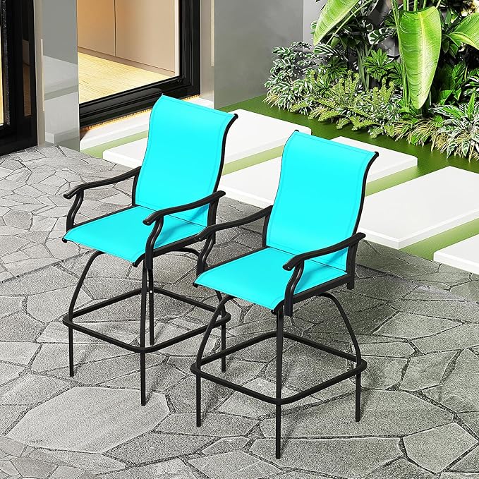 LEVELEVE Patio Bar Set 4pcs Swivel Bar Stools Outdoor Bistro Textilene Furniture Stability All-Weather Set (Lake Blue Fabric)