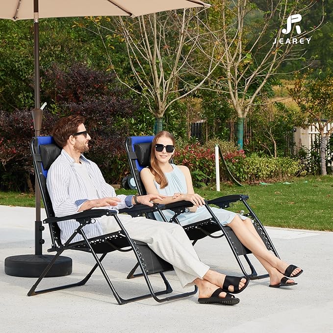 JEAREY Oversized Padded Zero Gravity Chairs Set of 2, Folding Lounge Chair Outdoor Patio Recliner, Anti Gravity Chair for Backyard with Headrest, Cup Holder, Side Tray, Polyester Mesh - Black/Blue
