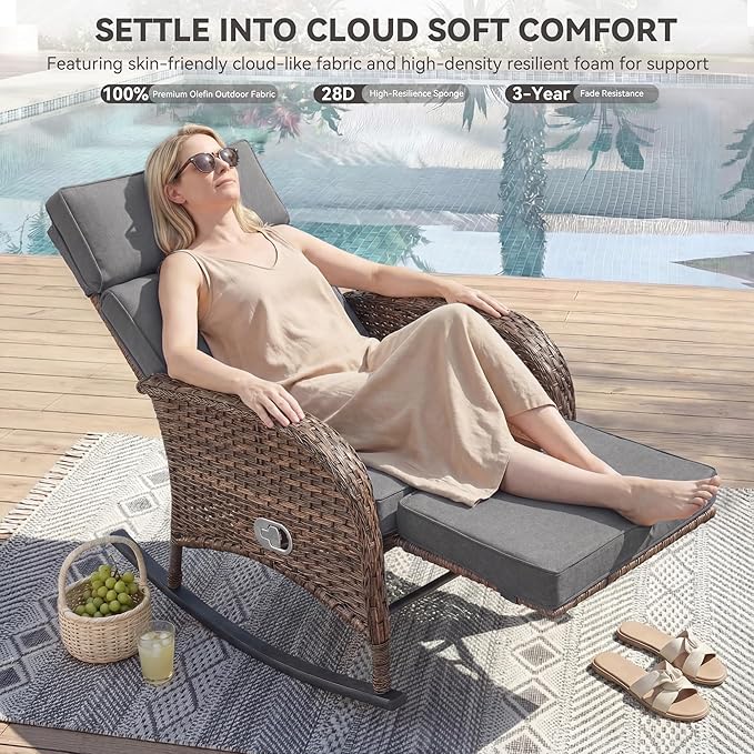 3 Pieces Zero Gravity Wicker Patio Rocking Recliner Chairs Set of 2 - Wicker Outdoor Lounge Chair with Side Table, Adjustable Backrest & Footrest, High Back Outdoor Recliner Chair for Pool Deck Gray