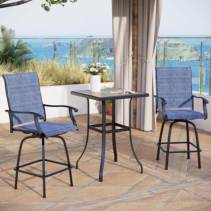 MFSTUDIO 3 Piece Outdoor Swivel Bar Set, Outdoor Bar Table and Chairs Set, Patio High Top Table and Chairs, Tall Bistro Set Patio Bar Height Table with 2 Chairs, Navy Blue