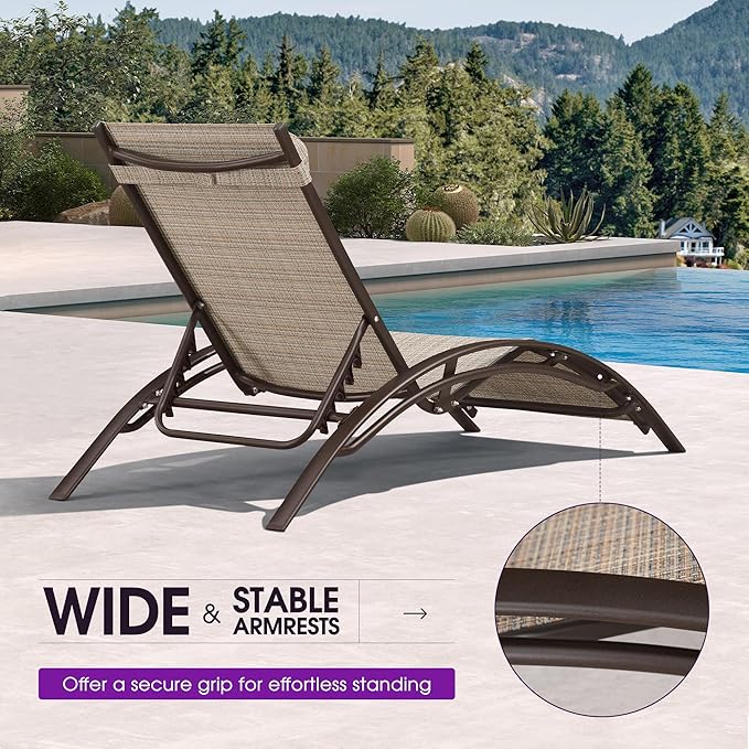 PURPLE LEAF Outdoor Chaise Lounge Chair Set of 3 Patio Pool Lounger Bronze Aluminum Chairs with Side Table Adjustable Tanning Recliner for Outside Backyard Yard Deck Balcony Beach Khaki