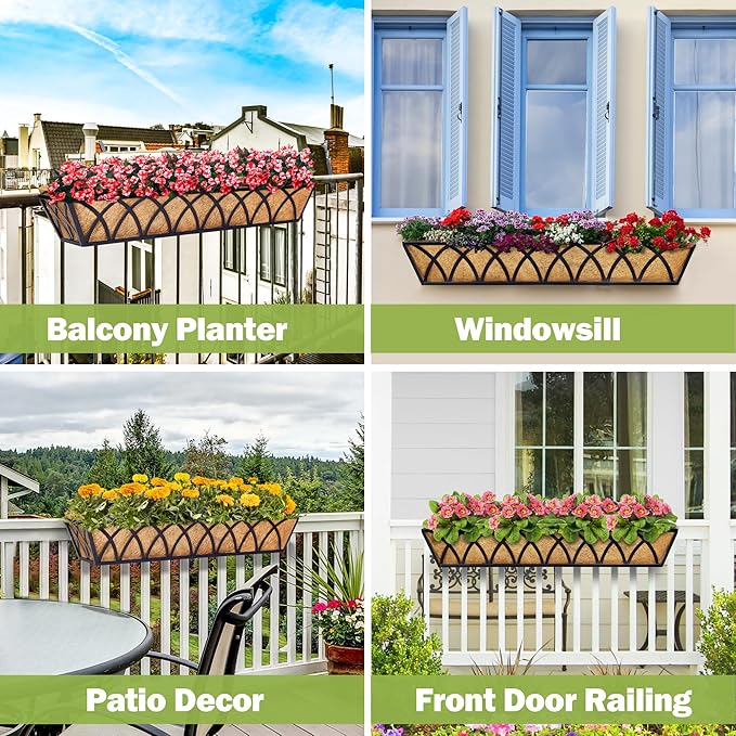 30 Inch Window Deck with Coco Liner Set of 2, 30" Window Boxes Horse Trough with Coconut Coir Liner,Metal Hanging Flower Planter Window Basket Deck Railing Planter Boxes for Outdoor Indoor Lawn