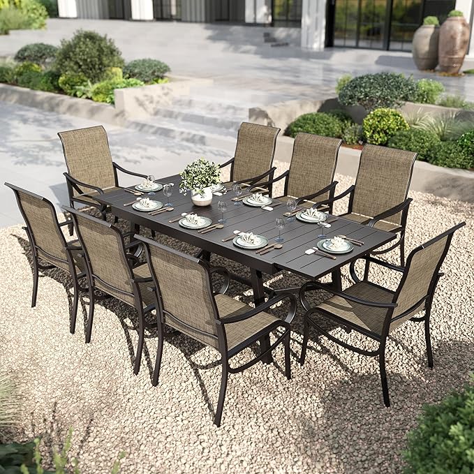 PHI VILLA 9 Piece Patio Dining Set, Expandable Table for 6-8 Person with Umbrella Holes and 8 High Back Fixed Chairs All Weather Patio Furniture Set for Outdoor Deck Garden
