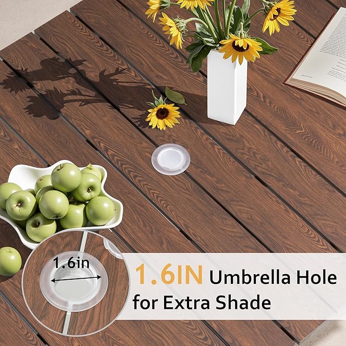 70 Inch Patio Outdoor Dining Table for 6 with Wood-Like Top & Umbrella Hole, All-Weather Deck & Backyard Table