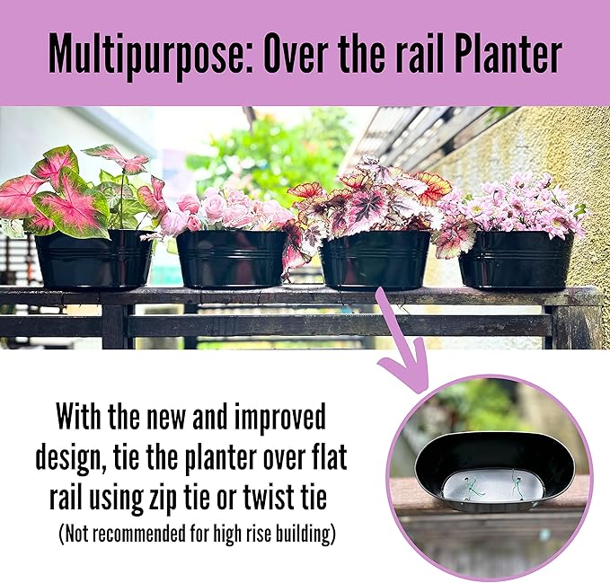 LaLaGreen Outdoor Rail Planter (11.8 Inch, 6 Pack) Black Metal Iron Hanging Flower Pots Deck Railings Fence Buckets Outside Countryside Boho Style Wall Mount Window Box Plant Holder Hook Porch Decor