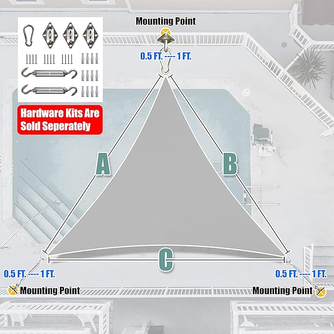 Amgo Custom Size 21' x 21' x 21' Gray Triangle Sun Shade Sail UPF50+ AGTAPRT12, Order to Make Canopy Awning, 95% UV Blockage, Water & Air Permeable, Commercial Standard (We Customize)