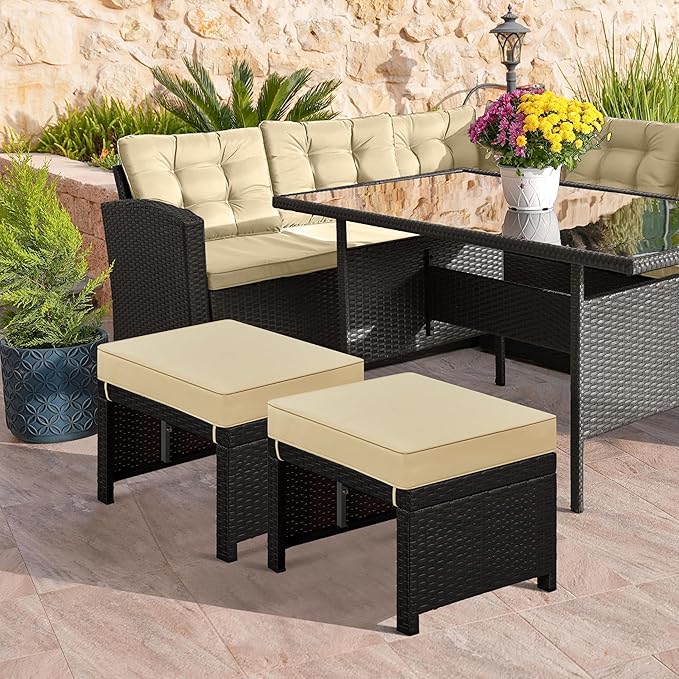 Yaheetech Wicker Ottomans, Set of 2 Footrest with Removable Cushion, 2pcs PE Rattan Side Table Additional Seating Multipurpose Outdoor Furniture for Patio, Backyard, Brown/Khaki