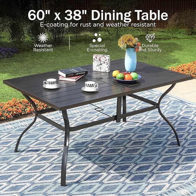PHI VILLA 7 Pieces Outdoor Dining Set for 6, 60” Rectangular Metal Table with Umbrella Hole & Stackable Black Wrought Iron Chairs, Large Outside Furniture for Patio, Deck, Backyard, Porch