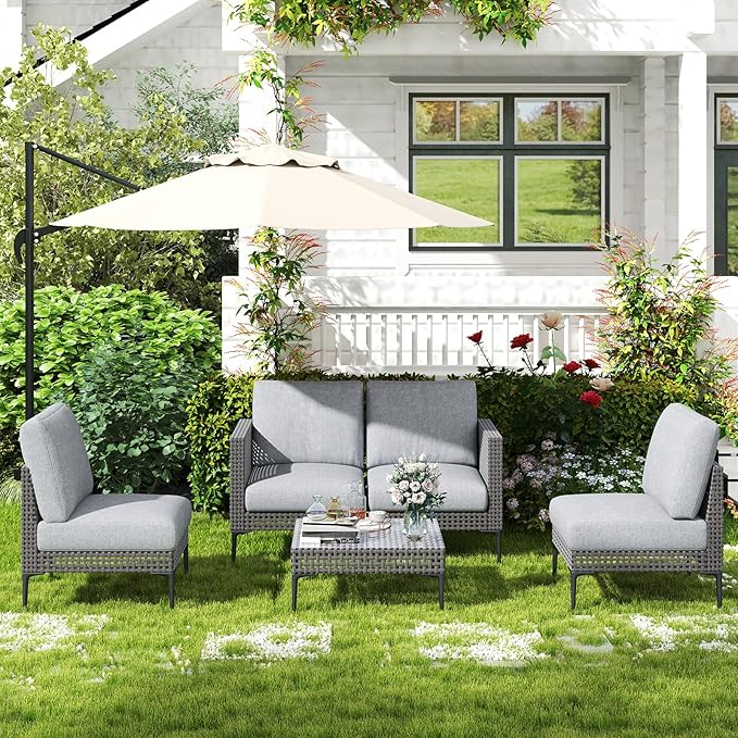 Outdoor Patio Sofa Conversation Set–Rattan 4 Seats Comfortable Couch for Garden, Yard, Weatherproof–Includes Glass Table, Armless Chairs, and Two-Seater Sofa
