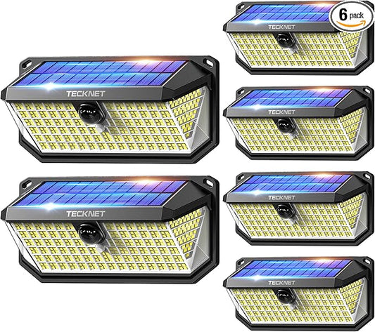 TECKNET 461 LED Solar Powered Outdoor Lights, 270° Angle & 3 Lighting Modes Motion Sensor Light Outdoor, Security Solar Lights Waterproof - 6 Pack