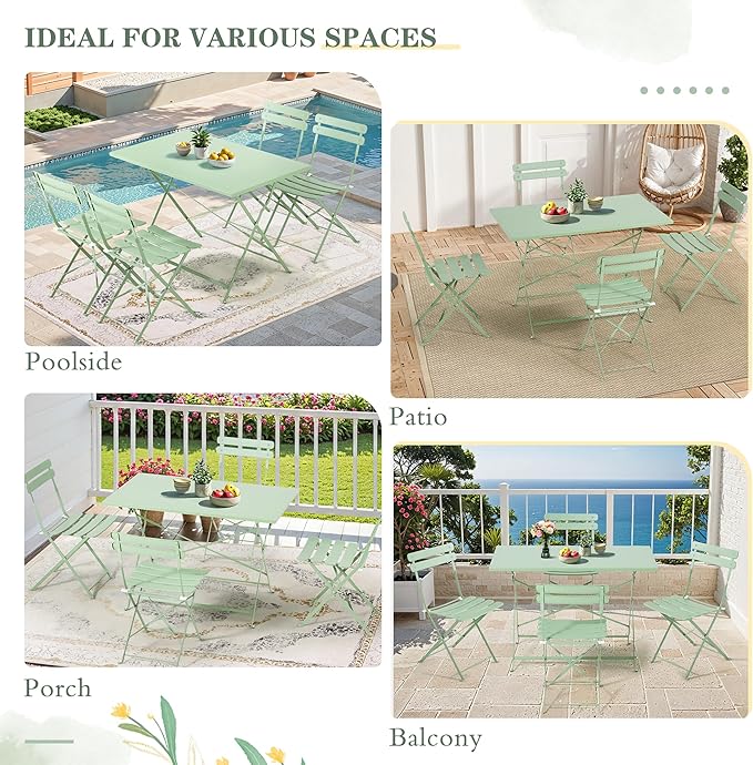 MELLCOM 5-Piece Foldable Patio Dining Set with Rectangular Table and Chairs, Weather-Resistant Iron Outdoor Dining Set for 4 People, Outdoor Table and Chairs for Patio, Yard, Indoor, Green