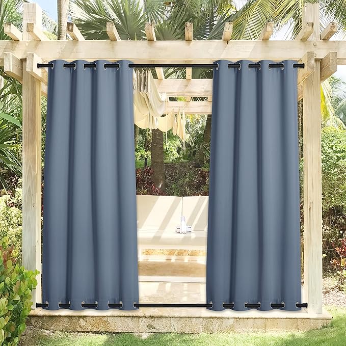 NICETOWN 2 Panels Outdoor Curtains for Patio Waterproof, Rustproof Top & Bottom Grommet Windproof Drapes Thermal Insulated Blackout Outdoor Blinds for Porch/Gazebo, W52 x L84, Stone Blue
