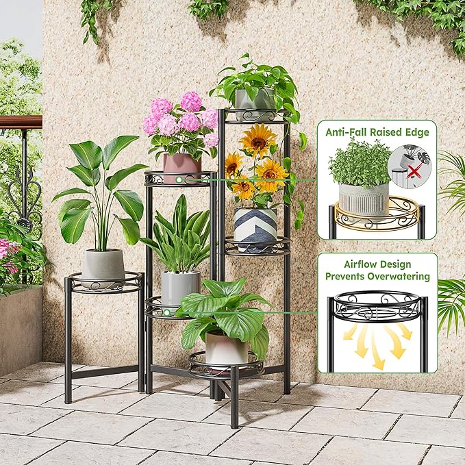 Plant Stand Indoor Outdoor, 6 Tier Metal Flower Shelf for Multiple Plants Corner Tall Floding Flower Holders for Patio Garden Living Room Balcony Bedroom - BlackCircle