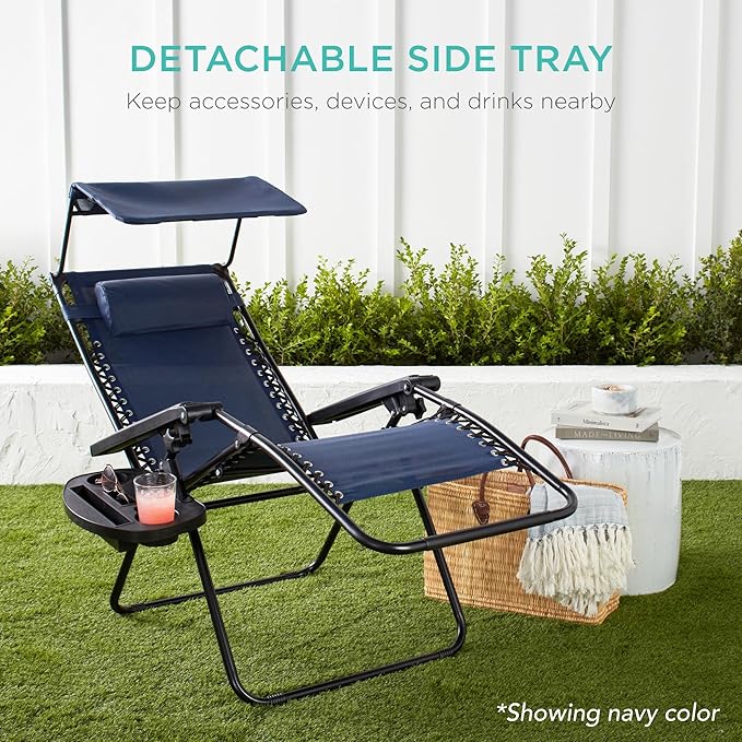 Best Choice Products Folding Zero Gravity Outdoor Recliner Patio Lounge Chair w/Adjustable Canopy Shade, Headrest, Side Accessory Tray, Textilene Mesh - Dove Gray