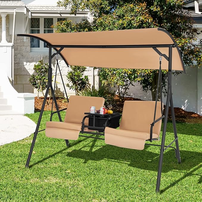 Tangkula 2 Person Porch Swing, Outdoor Swing with Pivot Storage Table, Cooler Bag, 2 Cup Holders, Removable Cushions, Patio Swing with Canopy for Backyard Balcony Poolside (Brown)