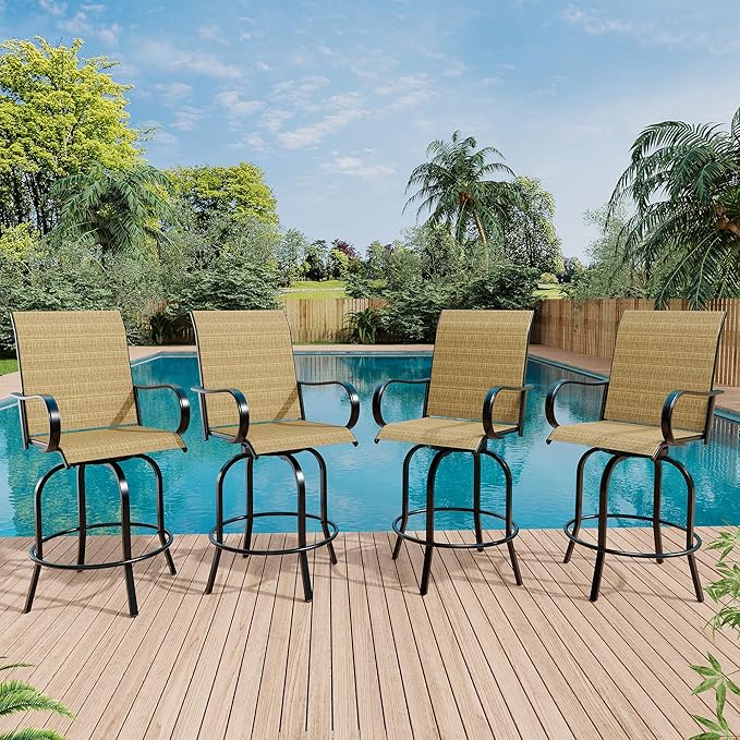 GarveeLife 4 Piece Outdoor Swivel Bar Chairs, Patio High Swivel Bar Stools, All Weather High Back and Armrest Patio Chairs, Outdoor Rotating BarChair Counter Height for Deck Lawn Garden Backyard