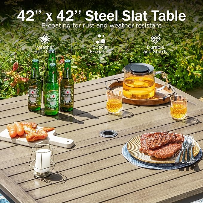 PHI VILLA 5 Pieces Outdoor Dining Set for 4, 42" Square Brown Metal Table with Umbrella Hole & Wrought Iron Chairs, All Weather Outside Furniture with Red Cushions & Pillows for Patio, Deck, Porch