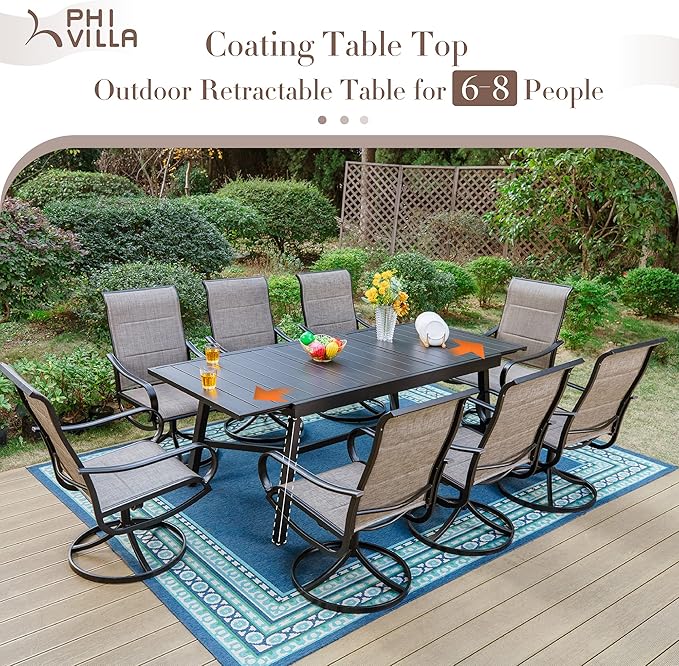 PHI VILLA 9 PCS Patio Dining Set, 8 Padded Swivel Dining Chair with Quick-Dry Cotton and 1 Extandable Metal Table,E-Coating for Rustproof for Outside, Poolside