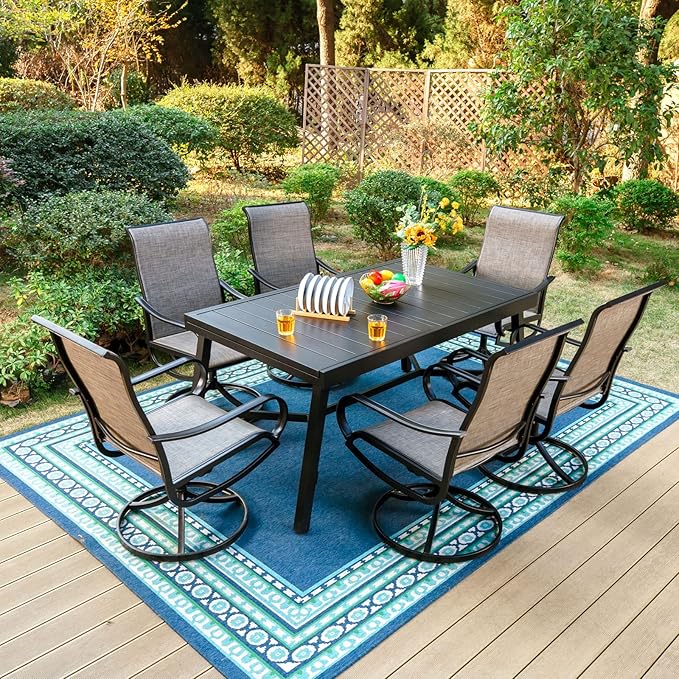 PHI VILLA 7 PCS Patio Dining Set, Outdoor Table and Chair Set with 6 Swivel Dining Chair, 1 Extandable Metal Table，Durable Frame and Breathable Textilene Fabric for Outside, Poolside