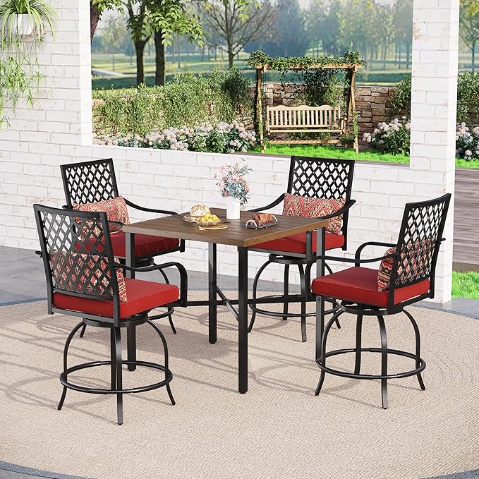 Sophia & William Outdoor Patio Bar Set 5 Piece High Dining Table and Chairs Furniture Set-4 Swivel Bar Stools with Red Cushion and 1 Square Bar Height Table with Hand-Painted Metal Top
