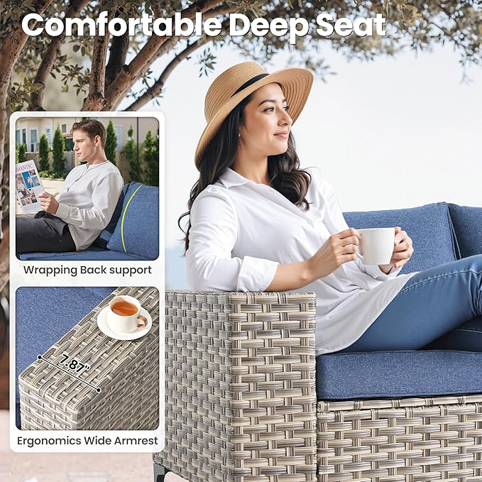 ovios 9-Piece Patio Furniture Set with L-Shape Sofa Chaise, Outdoor Sectional Couch Swivel Gliders Fire Pit Table Solar Table, Modern Modular Wicker Rattan Conversation Set, Denim Blue