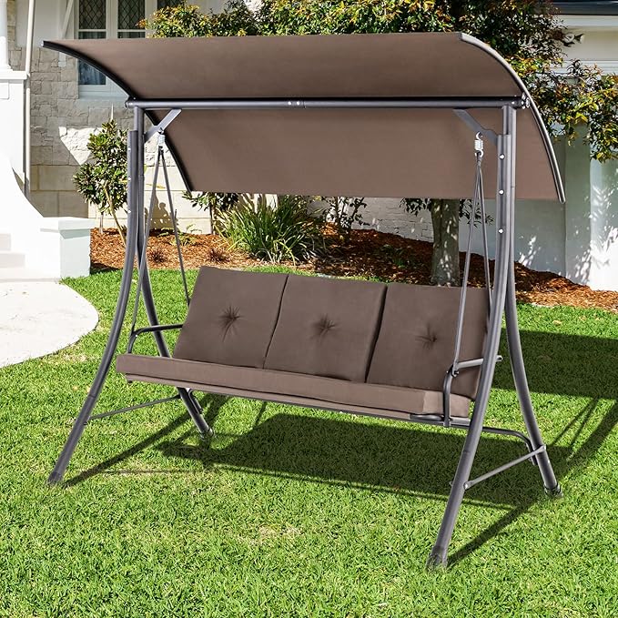 Tangkula 3 Person Porch Swing, Outdoor Swing with Removable Cushions, Solid Steel Structure, Patio Swing with Adjustable Canopy for Garden, Backyard, Balcony, Poolside
