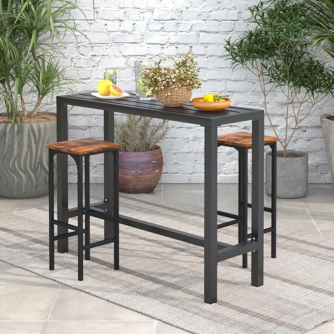 COSTWAY Outdoor Bar Table 48-inch Wide, Narrow Counter Height Dining Table with Waterproof Top and Heavy-Duty Metal Frame, Rectangular Pub Table for Hot Tub Garden Patio Backyard Poolside, Black
