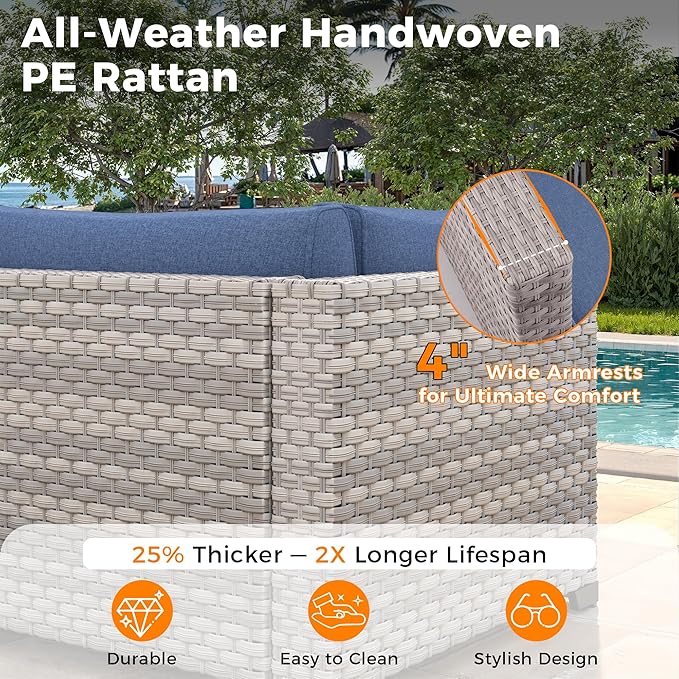 12-Seat Modular Patio Furniture Set – Outdoor Wicker Sectional Sofa with Thick 4″ Cushions, Dual-Strand PE Rattan, Rust-Resistant 18 mm Steel Frame, Backyard Garden Deck Lounge,Navy
