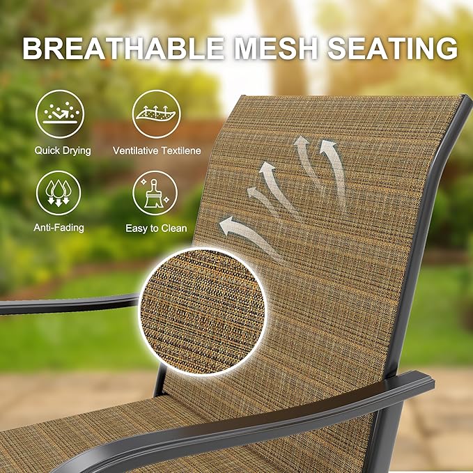 5 Piece Outdoor High Top Bar Set, 5 Pieces Outdoor Swivel Bar Set with 4 Swivel Chairs and Glass Top Table, All Weather Textile Fabric Outdoor Bar Height Chairs and Table Set of 5 for Deck, Backyard
