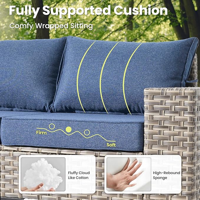 ovios 5-Piece Patio Furniture Set with L-Shape Sofa Chaise, Outdoor Sectional Couch Coffee Table, Modern Modular Wicker Rattan Conversation Set, Denim Blue