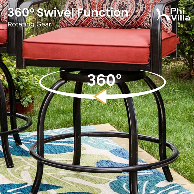 PHI VILLA 5 pcs Outdoor Bar Set, Outdoor Swivel Bar Stool with Red Seat Cushion and Lumbar Support,Extra Large Metal Bar Table with Umbrella Hole for Poolside Garden