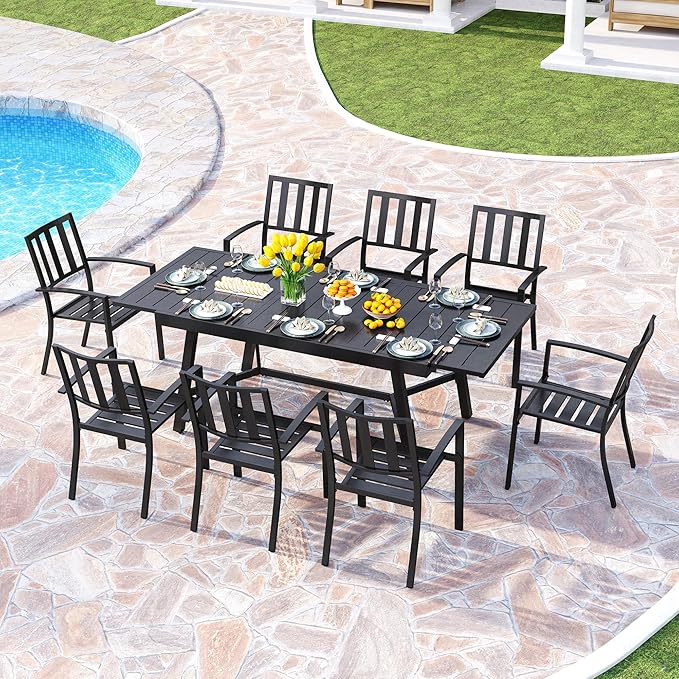 PHI VILLA 9 Pieces Outdoor Dining Set for 8, 84" Long Expandable Metal Table & Stackable Wrought Iron Chairs, Large Furniture Set for Patio, Deck, Yard, Porch - Black