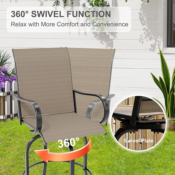 5 Piece Outdoor High Top Bar Set, 5 Pieces Outdoor Swivel Bar Set with 4 Swivel Chairs and Glass Top Table, All Weather Textile Fabric Outdoor Bar Height Chairs and Table Set of 5 for Deck, Backyard