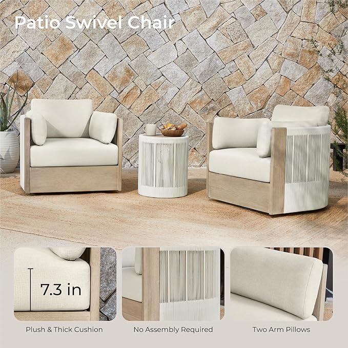 CHITA 3 Pieces Boho Patio Rattan Bistro Set, Outdoor Wicker Furniture Swivel Chairs & Side Table Set with 2 Arm Pillows, Acacia Wood Frame, Fully Assembled(Cream)