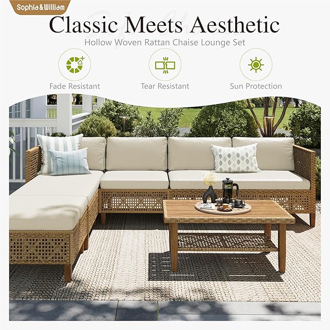 Sophia and William 5-Piece Wicker Patio Furniture Set, L-Shaped Outdoor Sectional Sofas with Ottoman and Acacia Wood Coffee Table, Rattan Conversation Set wtih Cushions, Beige