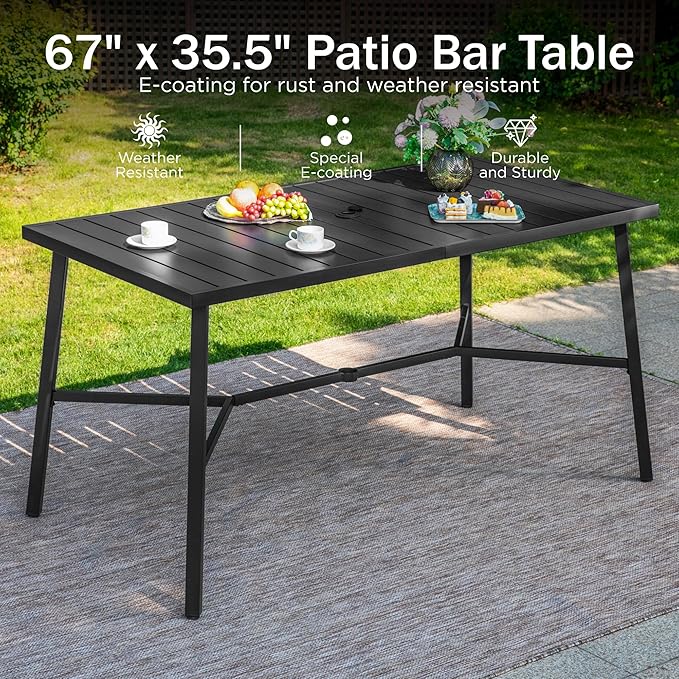 PHI VILLA 7 Piece Outdoor Bar Set, Counter Height Patio Bar Furniture Rectangle Dining Table and 6 Swivel Bar Stools Chairs with Brown Textilene Fabric for Garden,Yard and Deck