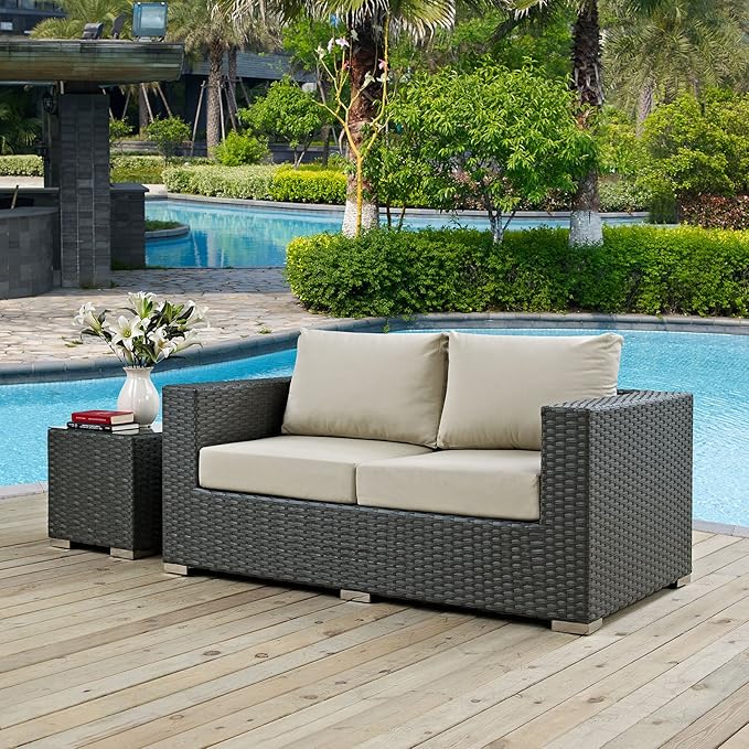 Modway EEI-1851-CHC-BEI Sojourn Wicker Rattan Outdoor Patio Coffee Table, Loveseat, Canvas Antique Beige
