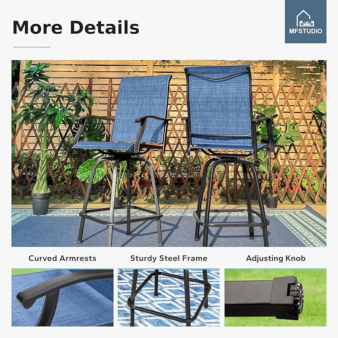 MFSTUDIO 3 Piece Outdoor Swivel Bar Set, Outdoor Bar Table and Chairs Set, Patio High Top Table and Chairs, Tall Bistro Set Patio Bar Height Table with 2 Chairs, Navy Blue