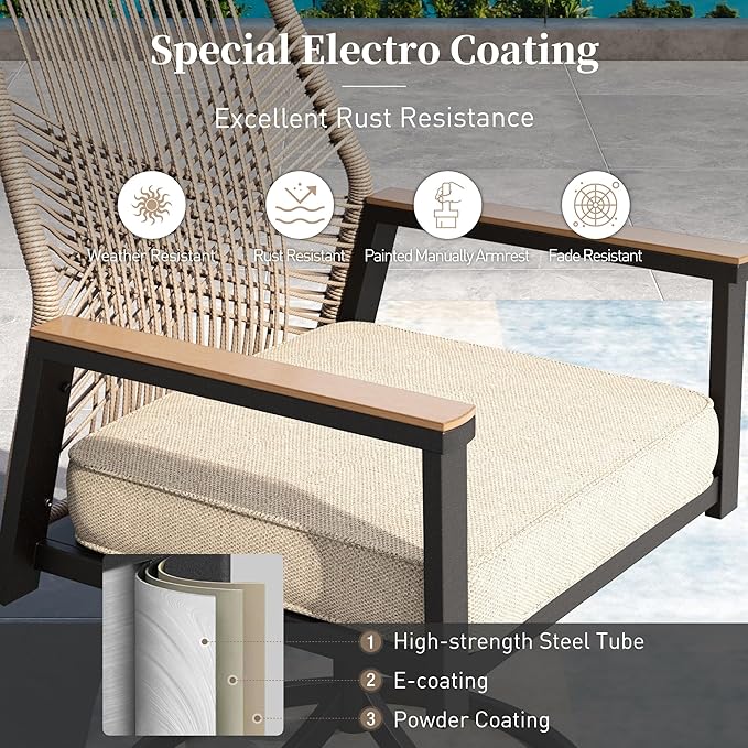 Patio Dining Set 9 Piece, 6 Woven Rattan Fixed Chairs and 2 Swivel Chairs with Waterproof Cushion, 83" Metal Rectangular Table with Umbrella Hole, Outdoor Table Set for Backyard Lawn Deck, Beige