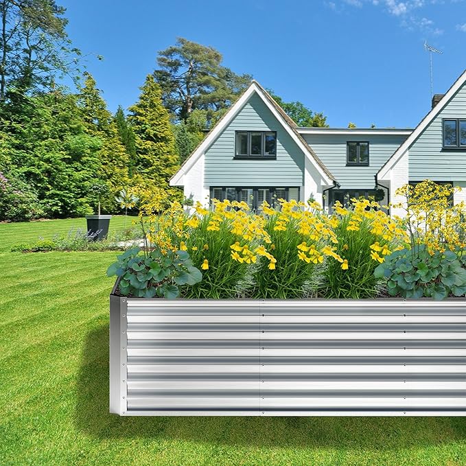 4x2x2FT Galvanized Raised Garden Bed,Planter Raised Beds-Metal Garden Box,Large Plant for Outdoor Planting, Vegetables Bed，Flower,herb-Silver