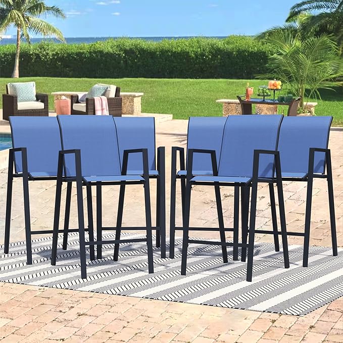Outdoor Bar Stools Set of 6, 44'' Patio Bar Chairs with Textile High Back, Bar Height Chairs with Straight Armrest and Footrest, Blue
