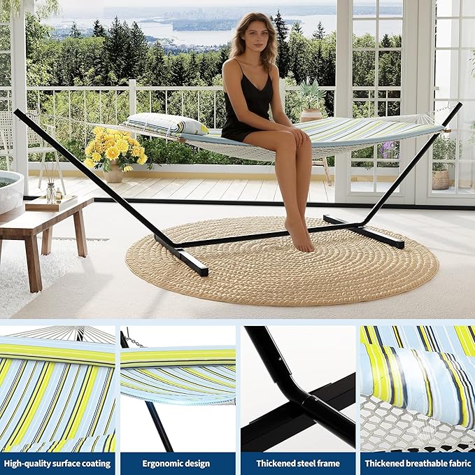 Double Hammock with Heavy-Duty Steel Stand, 2 Person Portable Hammock, 450LBS Max Weight Capacity, Easy Assembly, Ideal for Indoor, Backyard, Camping & Outdoor Use