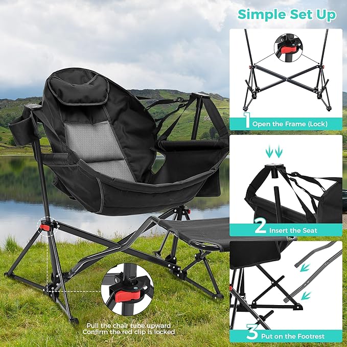 Ainfox Hammock Chair with Footrest, Oversized Swinging Portable Folding Camping Chairs for Adults Outside Swinging Camp with Cup Holder Pillow for Outdoor Patio Lawn Black