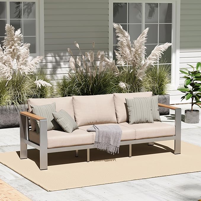 Aluminum Outdoor Patio Furniture, 3 Seats All-Weather Outdoor Patio Sofa with Washable Thick Cushion, Patio Sofa Couch for Porch, Balcony, Deck, Yard, Silver